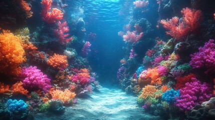 Naklejka premium Vibrant coral reef, underwater pathway, ocean scene.