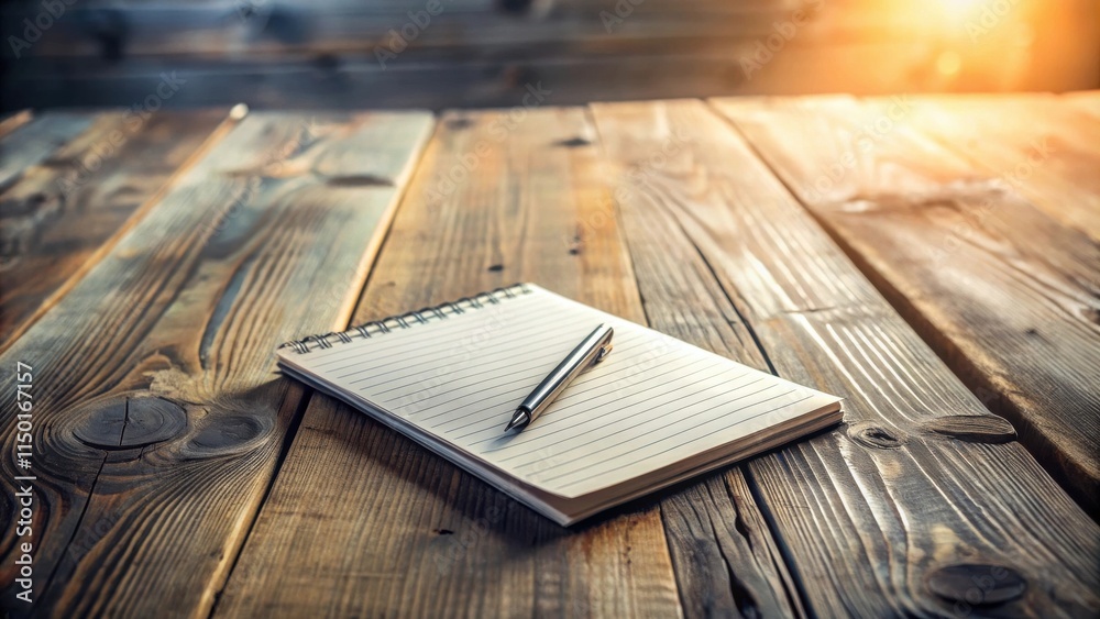 Aufkleber rustic wooden tabletop with blank notepad and pen ready for notes