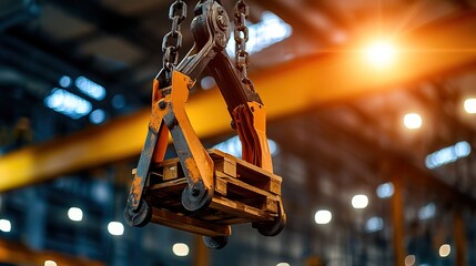 A close-up view of a crane hook lifting a pallet, emphasizing industrial machinery in a well-lit warehouse setting.
