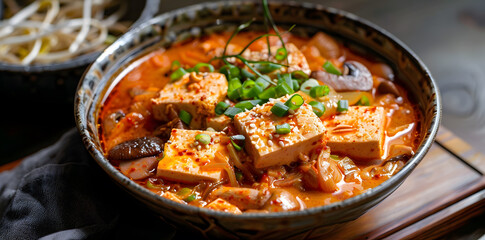 Spicy Kimchi Jjigae with tofu, pork, and mushrooms garnished with green onions