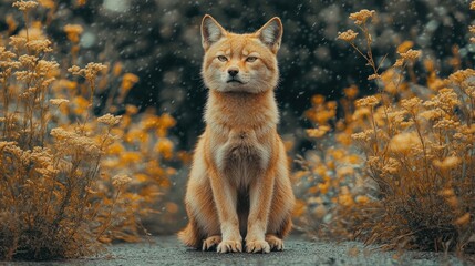 A red fox sits amidst yellow flowers in the rain.