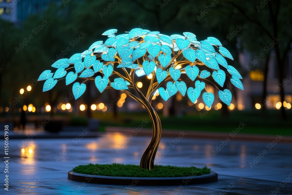 Poster a bioengineered tree with glowing leaves in a futuristic urban setting, symbolizing advances in biot