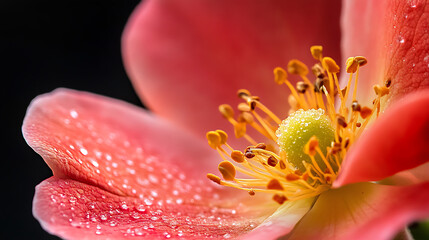 Fototapeta premium Rosebud Macro: A close-up view of a delicate pink rosebud, water droplets clinging to its petals. The intricate details of the flower's center, its pollen-dusted stamens and pistil.