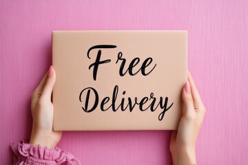 Free Delivery Concept with Hands Holding Box on Pink Background - Modern Logistics and Shipping Representation
