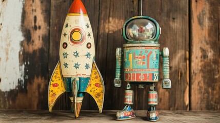 Naklejka premium A playful vintage tin rocket ship with intricate designs and colorful patterns, positioned next to a vintage robot toy on a wooden table.