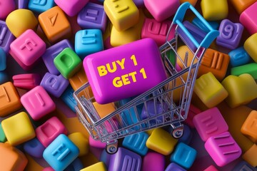 Naklejka premium Buy 1 Get 1 Promotion in Colorful Blocks with Shopping Cart - Vibrant Retail and Marketing Concept for Sales and Consumer Engagement