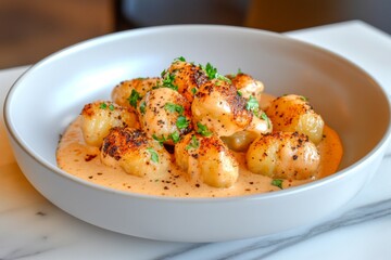 Fototapeta premium A bowl of creamy gnocchi in a decadent Alfredo sauce, topped with cracked black pepper and parsley