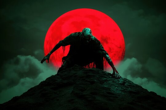 Silhouette of a zombie crouching on a hill under a blood-red full moon surrounded by green mist, creating an ominous and eerie atmosphere.
