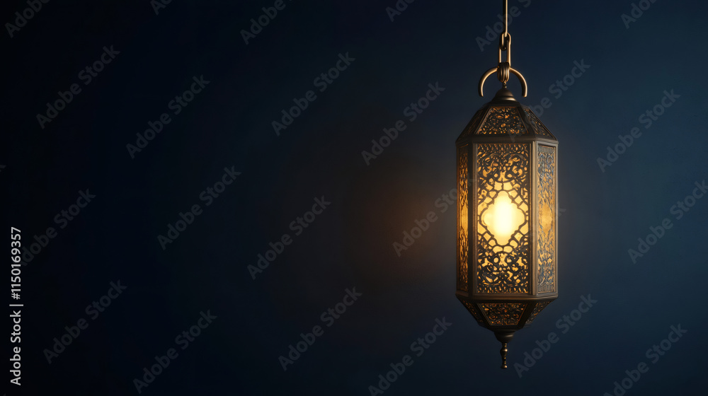 Poster elegant metallic lantern casting a warm glow in a serene setting for ramadan festivities