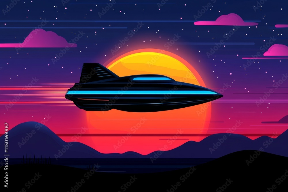 Poster a clean flat design of a futuristic spacecraft hovering over a planetary surface, rendered in soft g