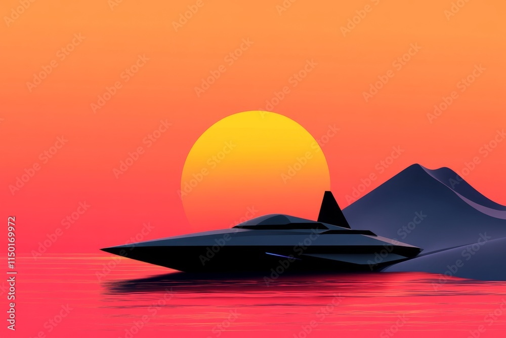 Poster A clean flat design of a futuristic spacecraft hovering over a planetary surface, rendered in soft gradients