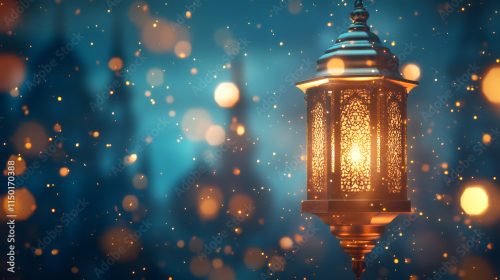 Poster golden lantern shining in front of a mosque with bokeh lights, capturing the essence of ramadan