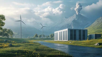 innovation  design  disruption. A serene landscape featuring wind turbines, a modern building, and a volcanic mountain, surrounded by lush greenery and a calm river.