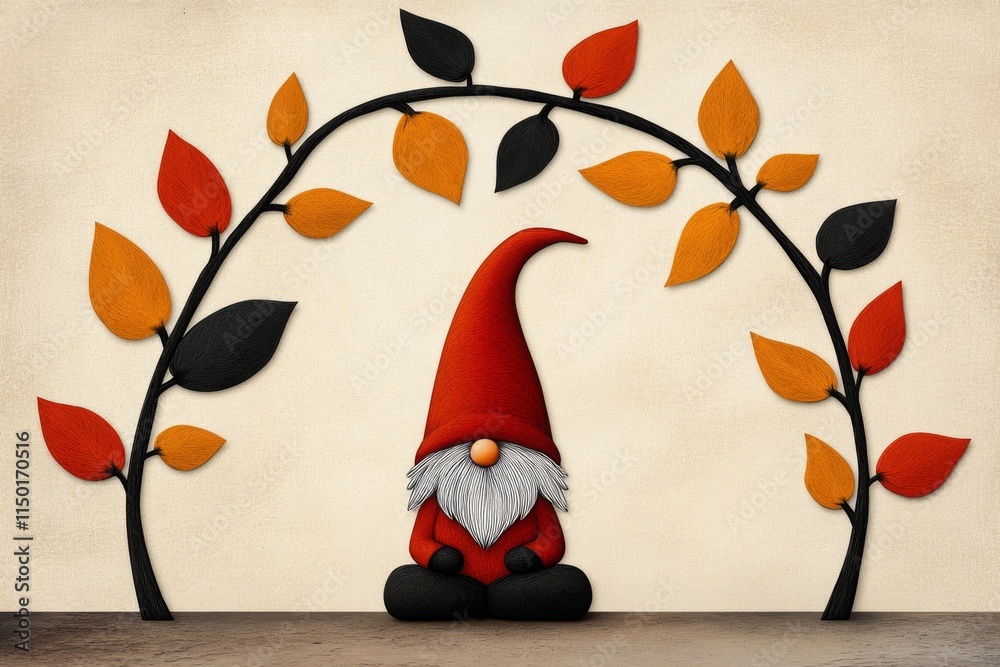 Poster a clean illustration of a gnome sitting under a stylized flower arch, with only a few colors and a f
