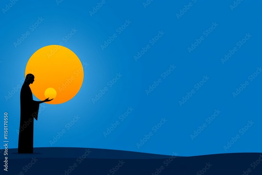 Poster a clean silhouette of a god holding a glowing orb, set against a simple gradient background to creat