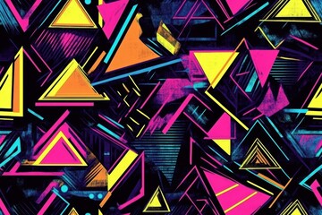 A seamless pattern with large geometric shapes, like polygons and trapezoids, in bright neon colors