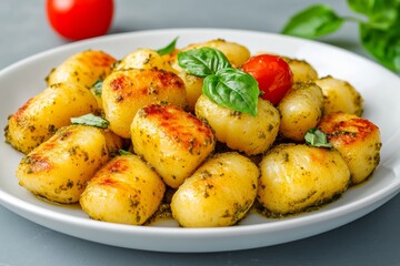 A clean, simple image of gnocchi and pesto sauce, plated on a white dish with no background distractions