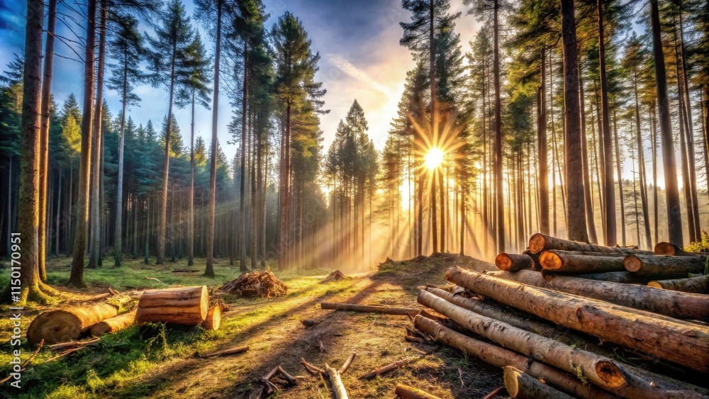 Poster golden rays illuminate a recently harvested pine forest, showcasing the contrast between the felled 