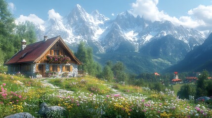 Fototapeta premium Charming Stone Cabin Nestled Blooming Meadows Overlooking Mountain Landscape Photo
