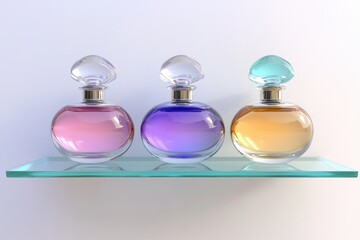 Three elegant perfume bottles in pink, purple, and amber, displayed on a glass shelf.