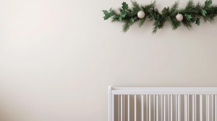 Pastelcolored nursery with delicate Christmas garlands hanging above the crib, soft holiday touches for a modern look