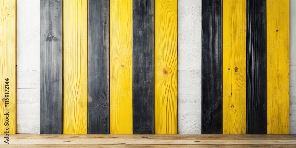 Poster striking yellow and black vertical wood planks against a whitewashed background with a wooden surfac