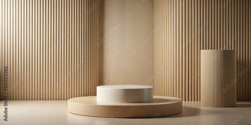 Poster minimalist beige product display with cylindrical platforms and textured walls