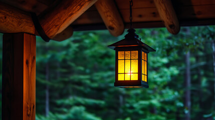 Rustic Lantern Glow: A warm, inviting lantern hangs from a wooden porch, casting a soft glow against the backdrop of a lush, verdant forest.  The scene evokes a sense of tranquility and cozy ambiance.