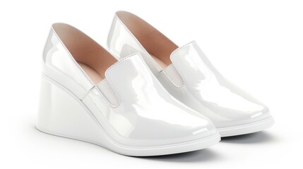 Naklejka premium A chic set of wedge shoes on white, combining comfort and elegance with a stylish silhouette,