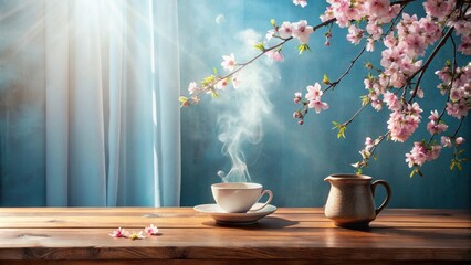 Fototapeta premium Serene morning steam rising from a warm beverage, delicate blossoms, sunlight through sheer curtains, wooden table