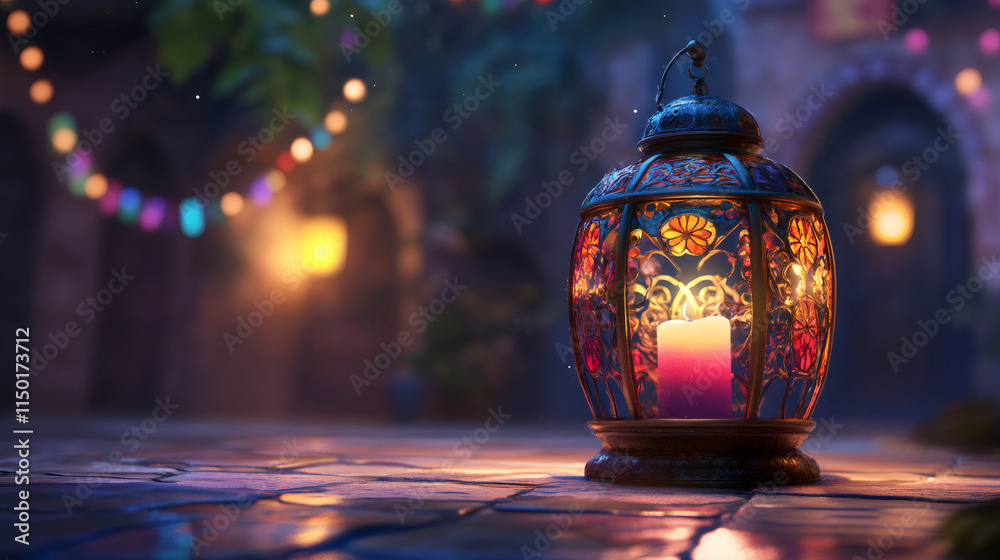 Poster Ornate lanterns with lit candles resting on a tiled floor cast a warm glow against colorful string lights, evoking a serene ramadan atmosphere