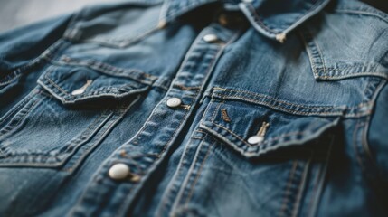 Fototapeta premium A classic denim shirt on white, featuring subtle fading and durable stitching,