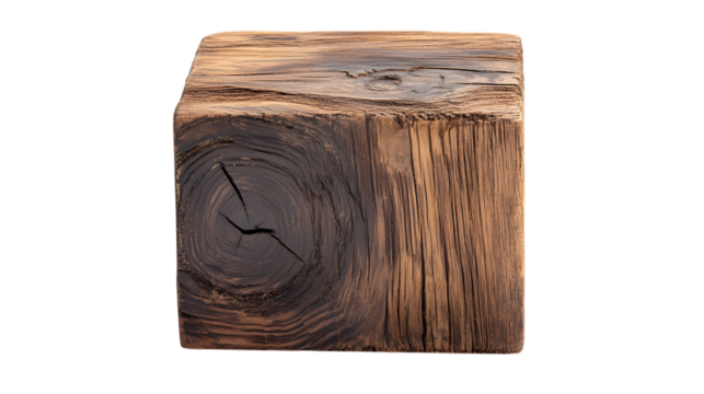 Rustic wood-textured cube block with visible knots and grain for organic themes Isolated on white background