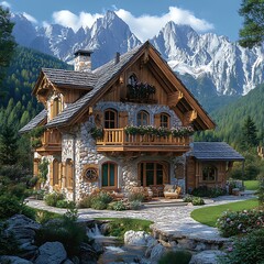 Tranquil Alpine Retreat Stone Cottage Blooming Meadows Scenic Mountain Peaks Photo