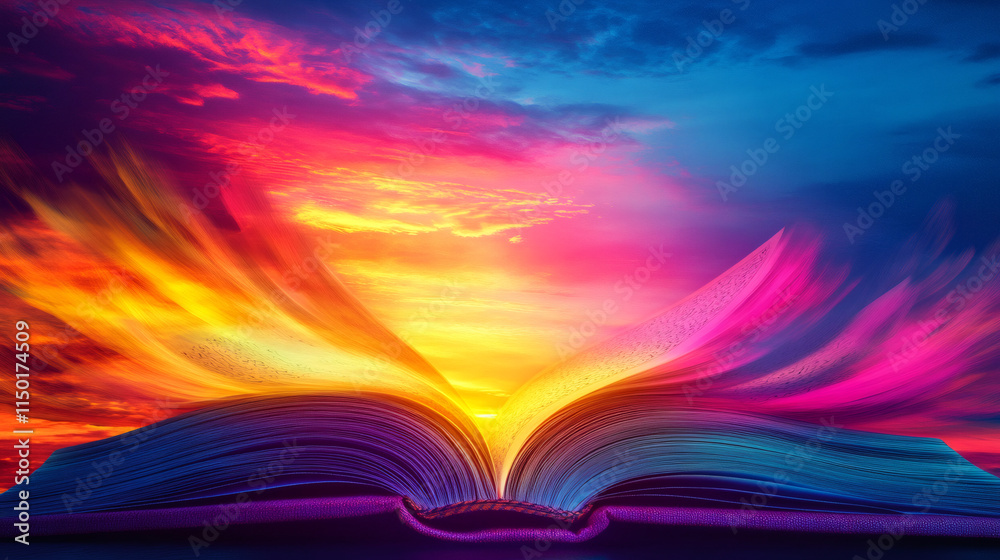 Poster stunning and inspiring image of an open book with a colorful, magical sunset sky reflecting on its p