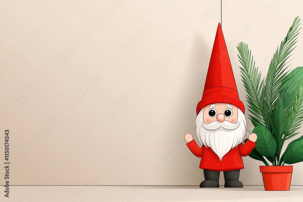 Poster a conceptual flat design of a gnome peeking out from behind a plant, with clean lines and a playful 