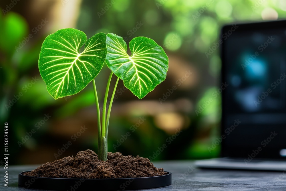 Poster a conceptual display of a genetically modified plant with glowing leaves, set in a biophilic design 