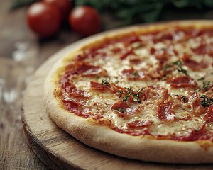 National Pizza Day Delicious Pepperoni Pizza on Wooden Board Gourmet Food Photography