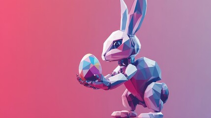 A robot rabbit in low-poly style, delicately holding an Easter egg, set against a solid color backdrop to enhance the playful and futuristic theme.