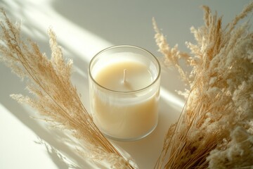 Creamy candle in a glass jar, surrounded by fluffy pampas grass, bathed in sunlight.