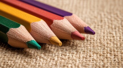 A close-up of colorful pencils arranged on a textured surface, showcasing vibrant hues and sharpened tips, perfect for art and creativity.