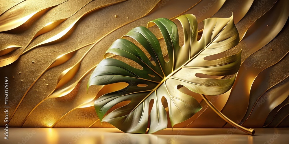 Poster golden leaf on abstract gold background with elegant wave design