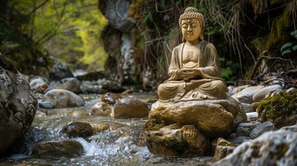 Obraz premium Bhumispara mudra, Buddha Gautama at the moment of enlightenment, statue in a mountain stream, Oytal Valley, Allgaeu, Bavaria, Germany, PublicGround