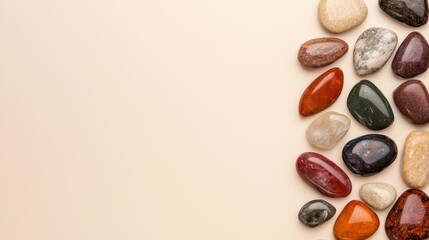 Colorful, polished stones arranged on a light background, showcasing diverse textures and hues, perfect for decorative or artistic use.