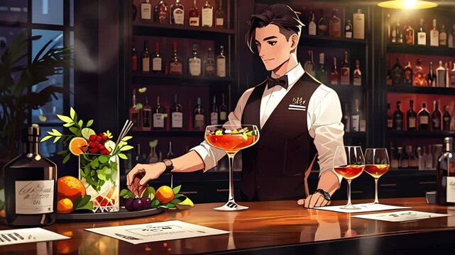 A bartender is preparing a cocktail in anime style. Seamless 4K looping timelapse video animation background