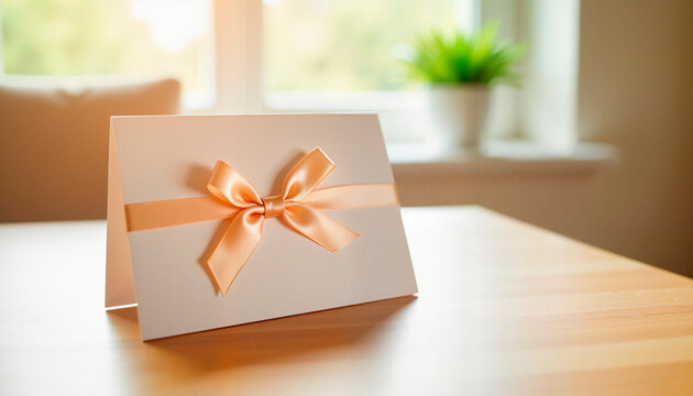 Personalized card with ribbon on wooden table, warm ambiance, copy space
