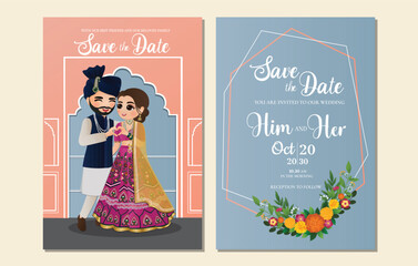  Wedding invitation card the bride and groom cute couple in traditional indian dress cartoon character