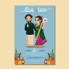  Wedding invitation card the bride and groom cute couple in traditional indian dress cartoon character