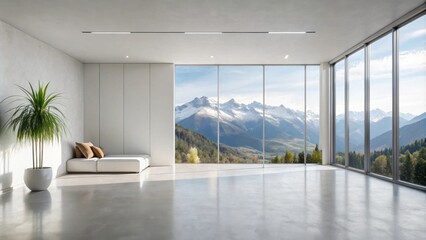 Fototapeta premium Serene Minimalist Room with Mountain View and Polished Floor
