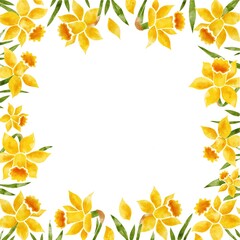 Watercolor frame with spring yellow flowers daffodils. Decorative border, corners for greeting cards, invitations, banners. Floral frame on white background. 